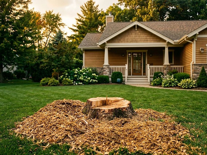 Freshly cut tree stump in a suburban front lawn, surrounded by a large mound of fresh wood